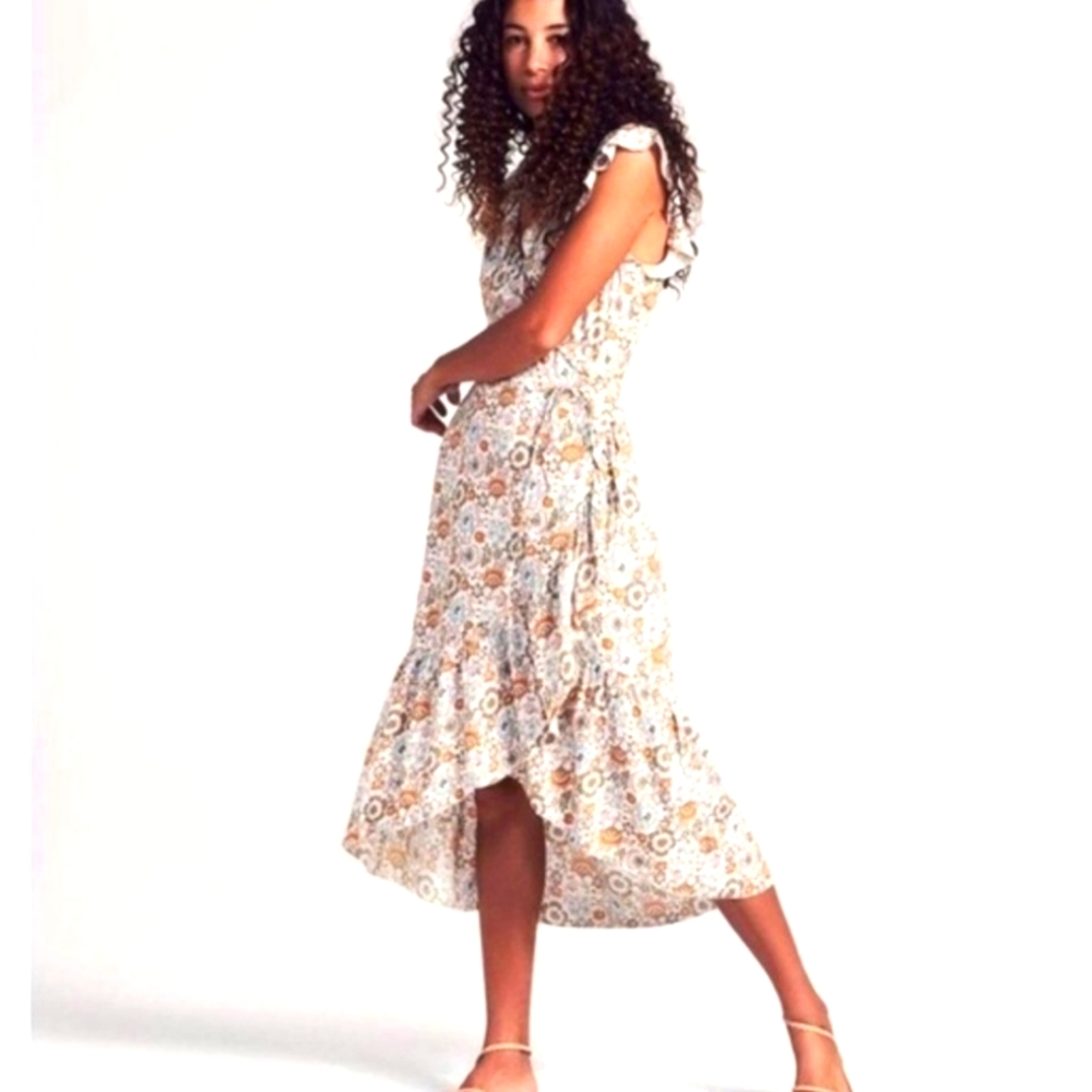 Faherty Floral Carmen Boho Wrap Dress Ruffled Joe Print Medium M Midi